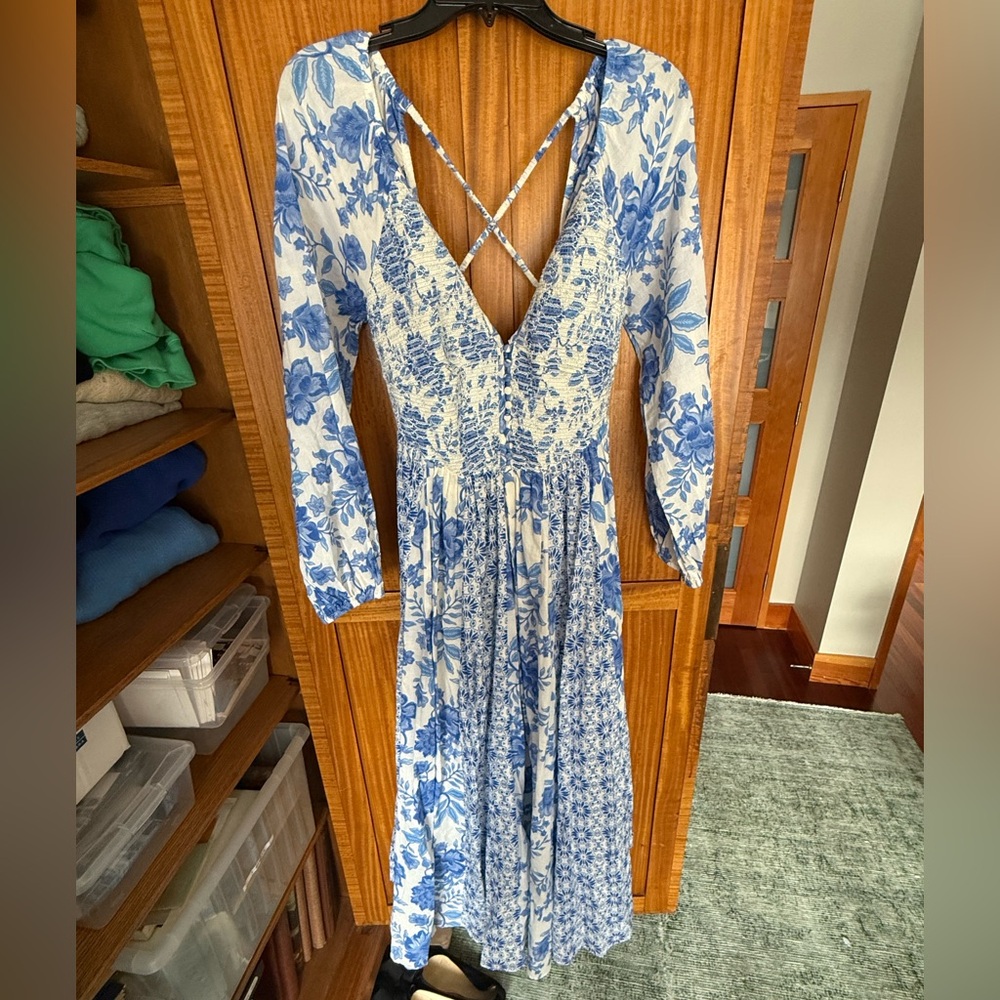 Free People Blue and White Floral Long Sleeve Dress